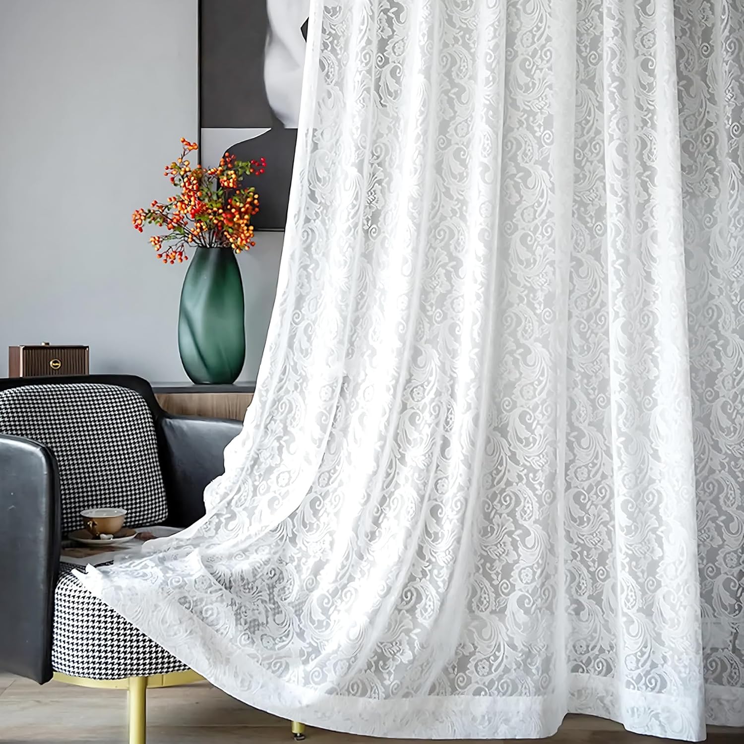 2 Panels Lace Cafe Curtains 54 x 45 inch - Vintage White Kitchen Curtains Privacy Heavy Floral Lace Drapes for Small Window, Short Panels Rod Pocket