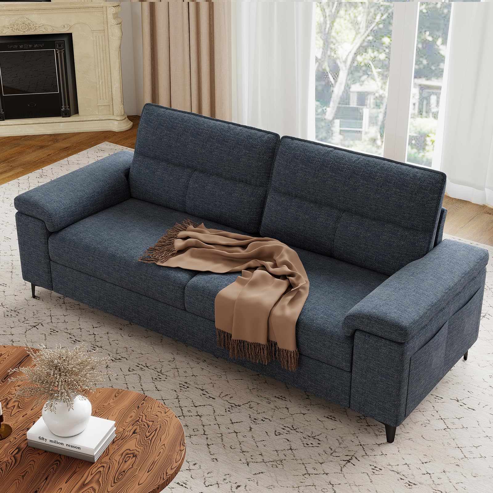 Upvilla 88.97" Modern Sofa Couch Deep Seat Sofa for Living Room(Blue)