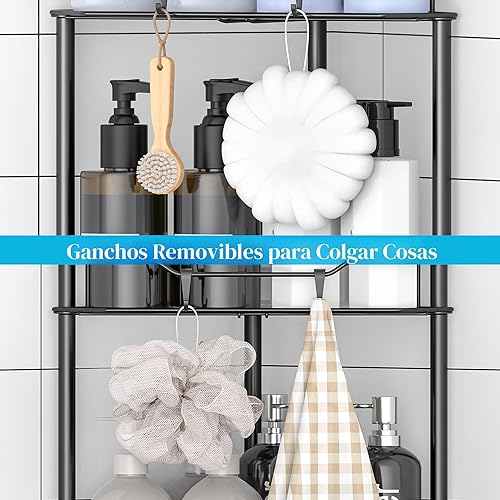 Miniatura 5 de Estante organizador de ducha esquinero de 4 niveles con ganchos, estantes de baño, color negro