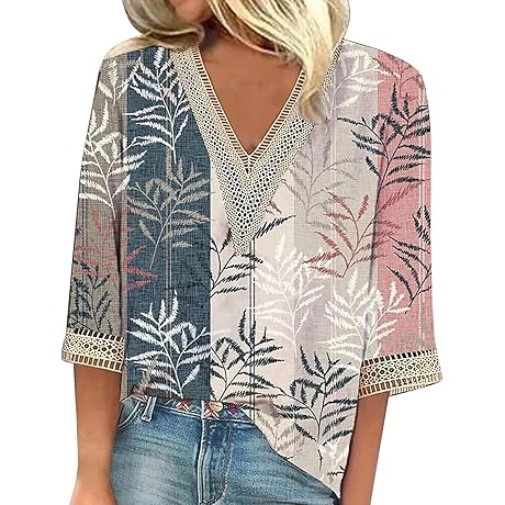 Ogiraw Women's Summer V Neck 3/4 Sleeve Printed Blouses