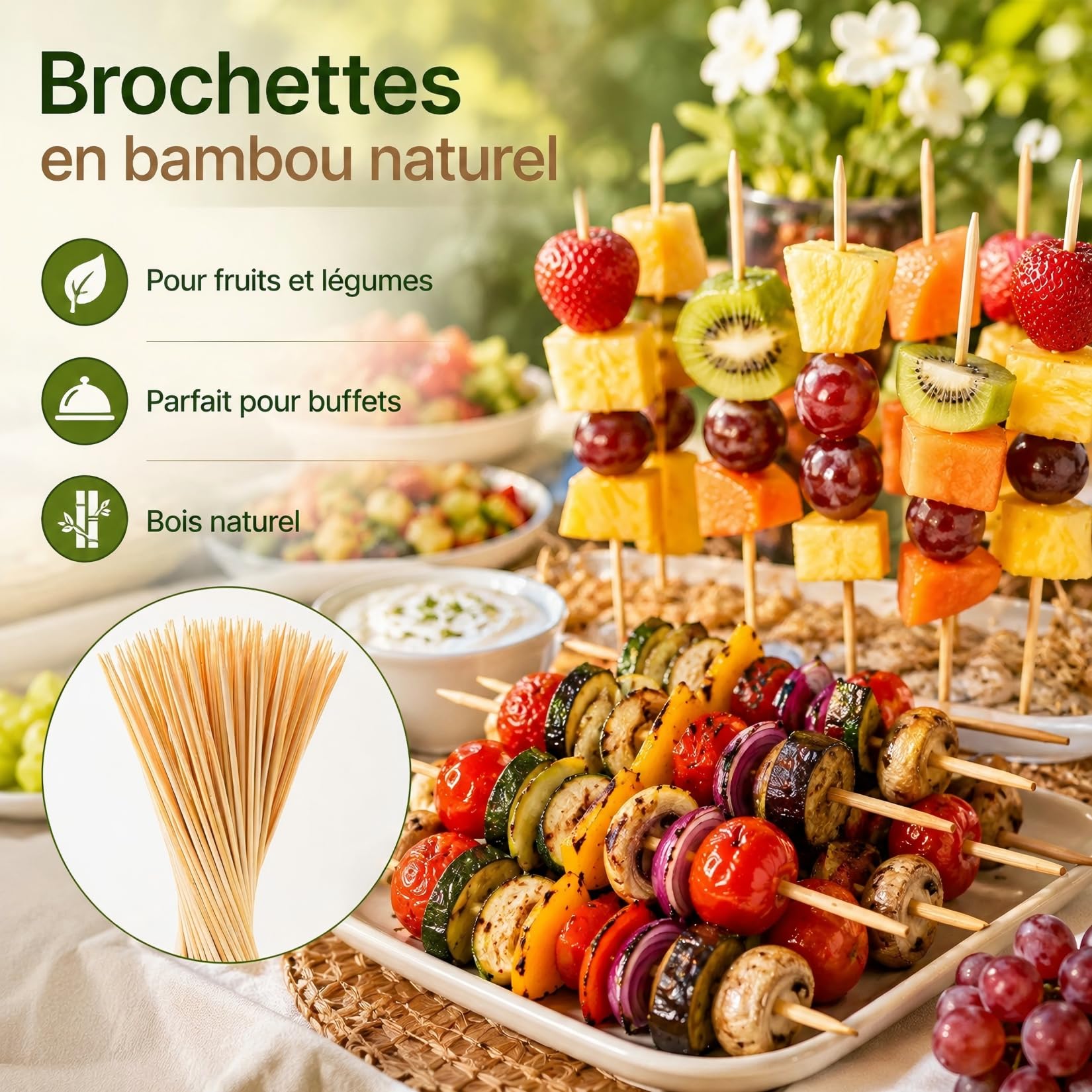Lot de 100 Pics à Brochettes en Bois 3.5mm x 15cm pour Barbecue, Grillades, Fruits et Légumes