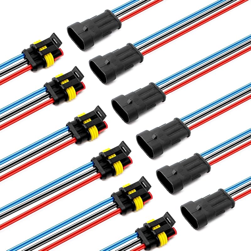 Conectores elétricos automotivos impermeáveis HYAT 3 pinos 14 AWG com fios de 12 cm – Kit com 6 pares