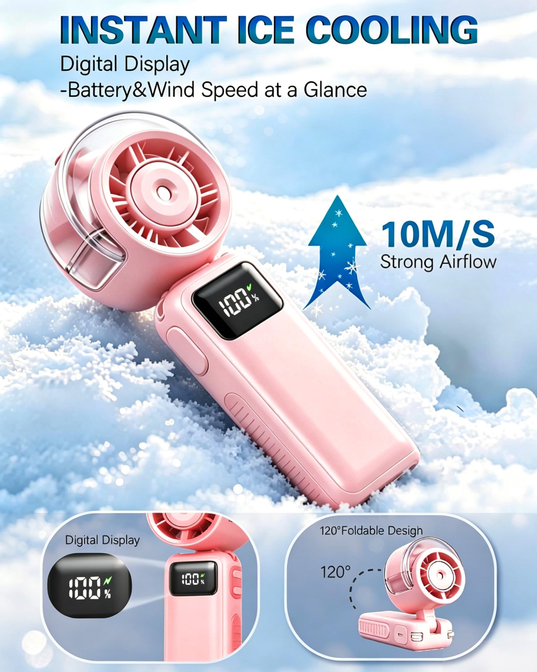 Ventilador portátil de mano plegable, ventilador de refrigeración personal recargable por USB de 6000 mAh, mini ventilador de pulverización de agua de 5 velocidades, ventiladores turbo 3 en 1 de mano