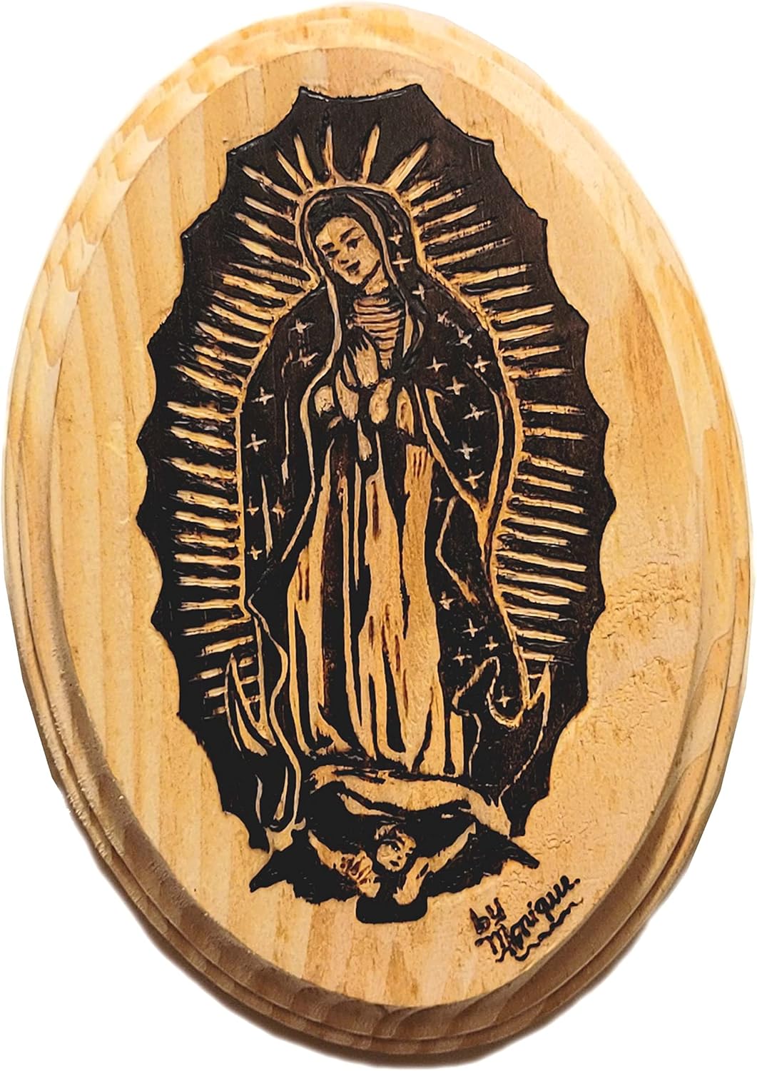 VIRGIN MARY VIRGEN DE GUADALUPE PYROGRAPHY WOOD BURNING ART 7X5 INCHES WOOD PLAQUE BEAUTIFUL PIECE OF ART DRAWING SKETCH SIGNED