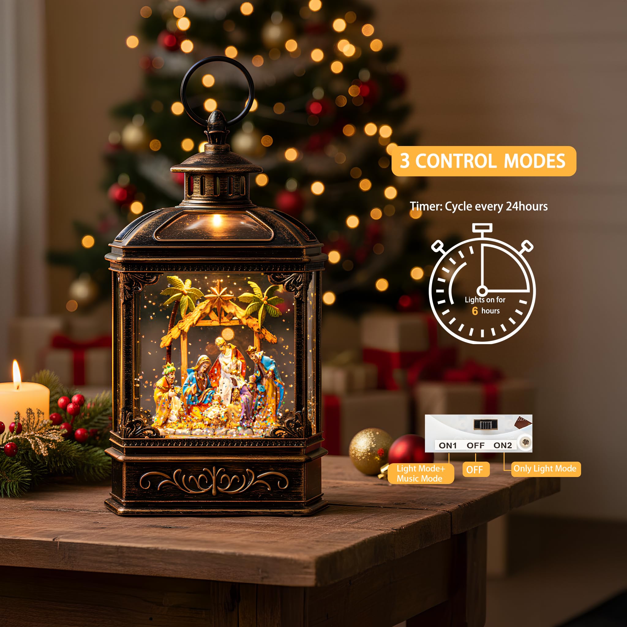 Globo de nieve de Navidad en remolino brillante con música, forrado por USB/funciona con pilas, farol de agua iluminado para decoración de festivales de Navidad, regalos