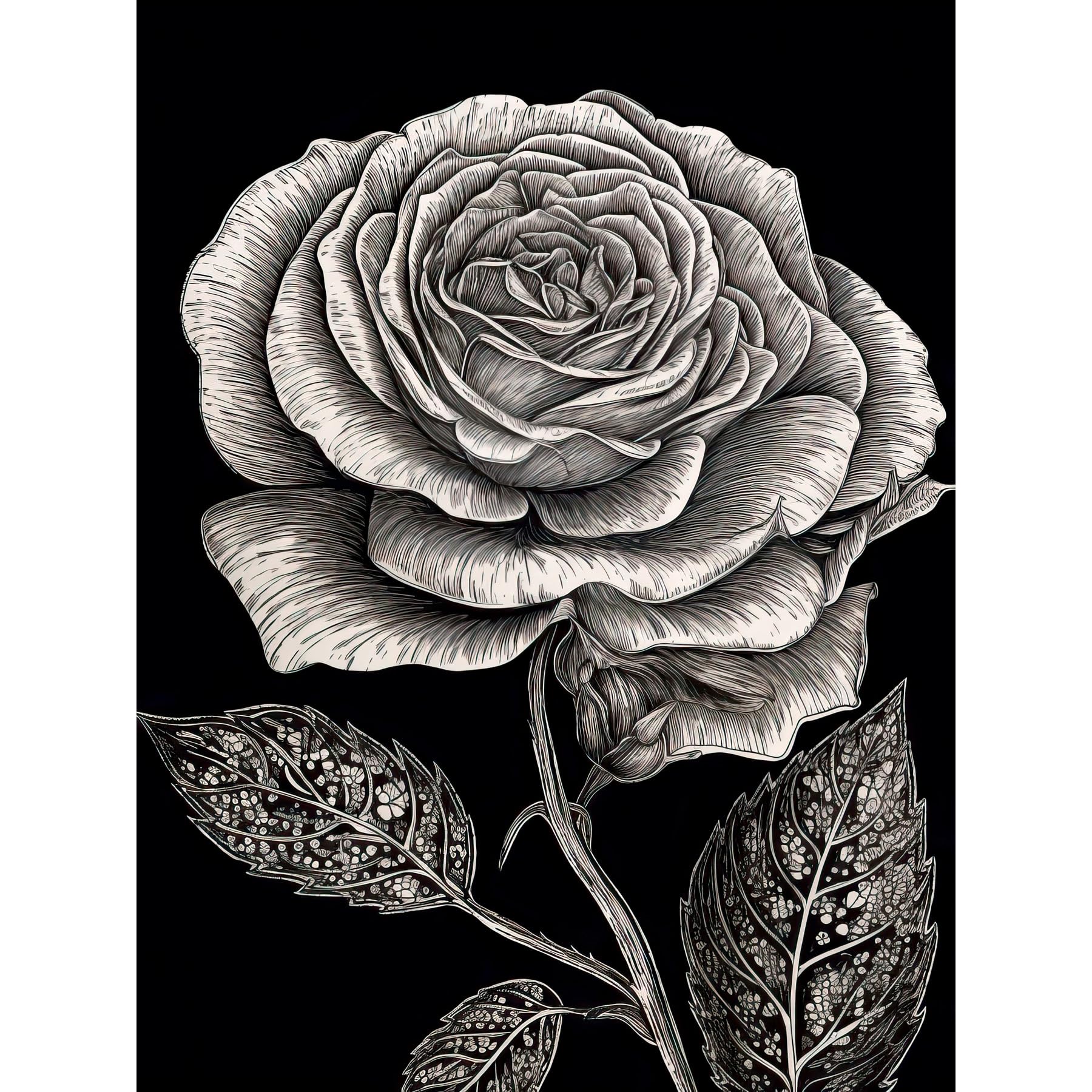 Artery8 Black and White Rose Bloom with Patterned Leaves Large Wall Art Poster Print Thick Paper 18X24 Inch