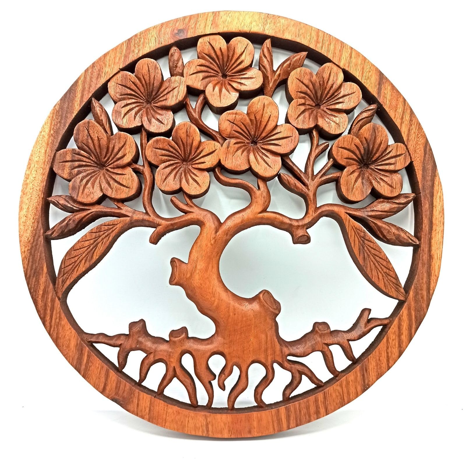 Ancient Wisdom Suar Wood Wall Panel, Tree of Life with Frangipani Design, Handmade Carved Décor