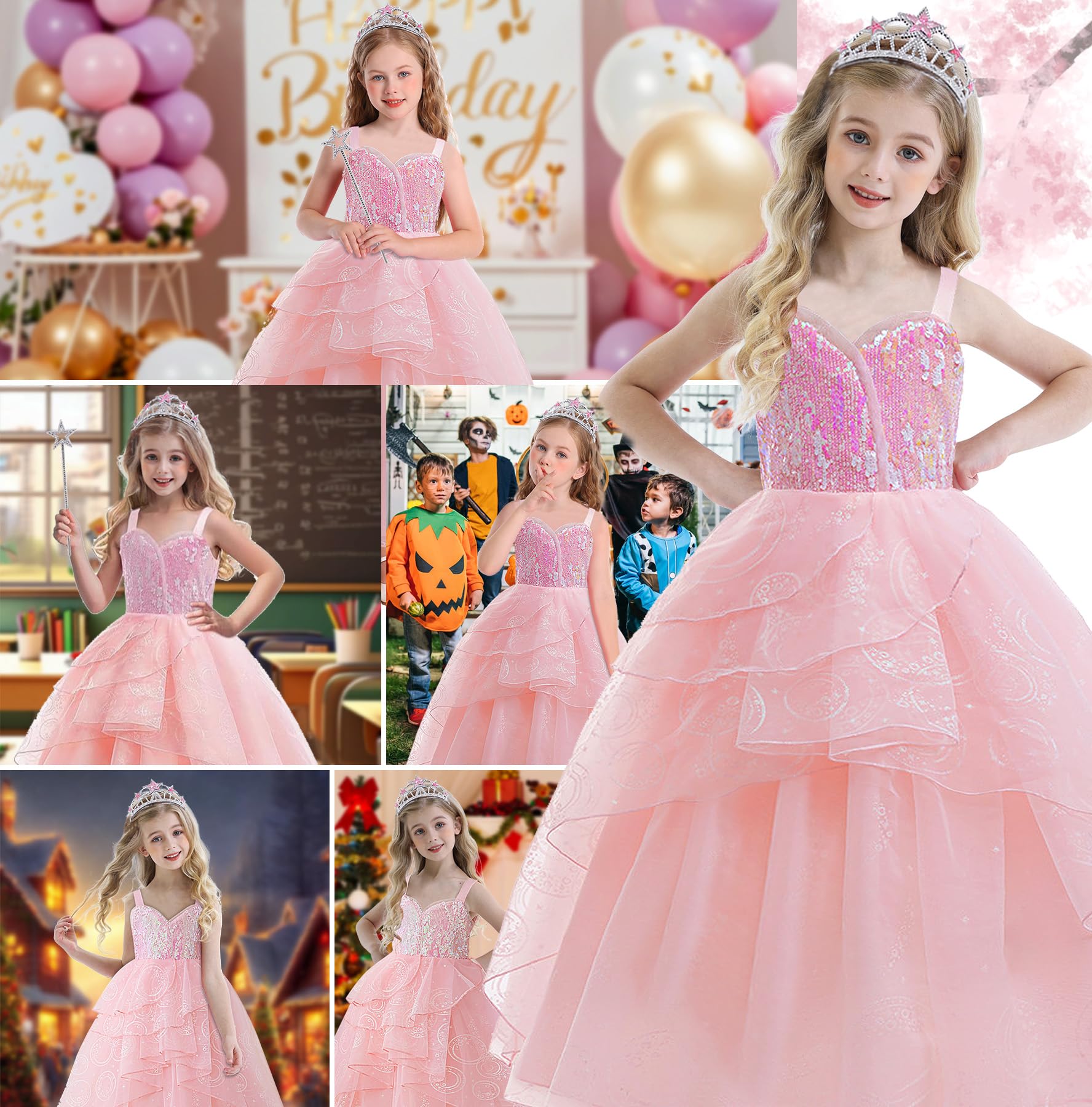 Marendyee Princess Costumes for Girls Kids World Book Day Costume Pink Witch Costume Sequin Dress Bubble Tulle Dresses Witches Cosplay with Crown Scepter Set Dressing up 9-10 Years - Image 4
