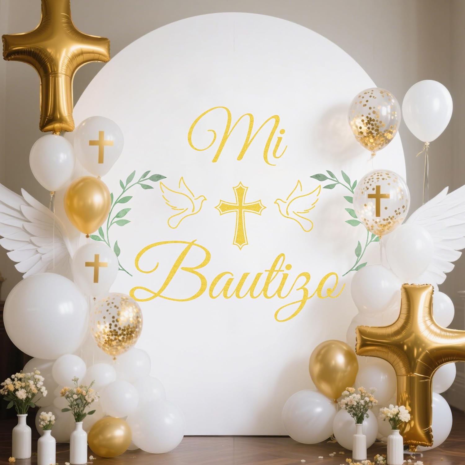 Mi Bautizo Decal Sign, First Communion Decorations, Mi Primera Comuniòn Party Decor Sign, Religious Christening Baby Shower Party Decal Sign for Backdrop Gold & Green