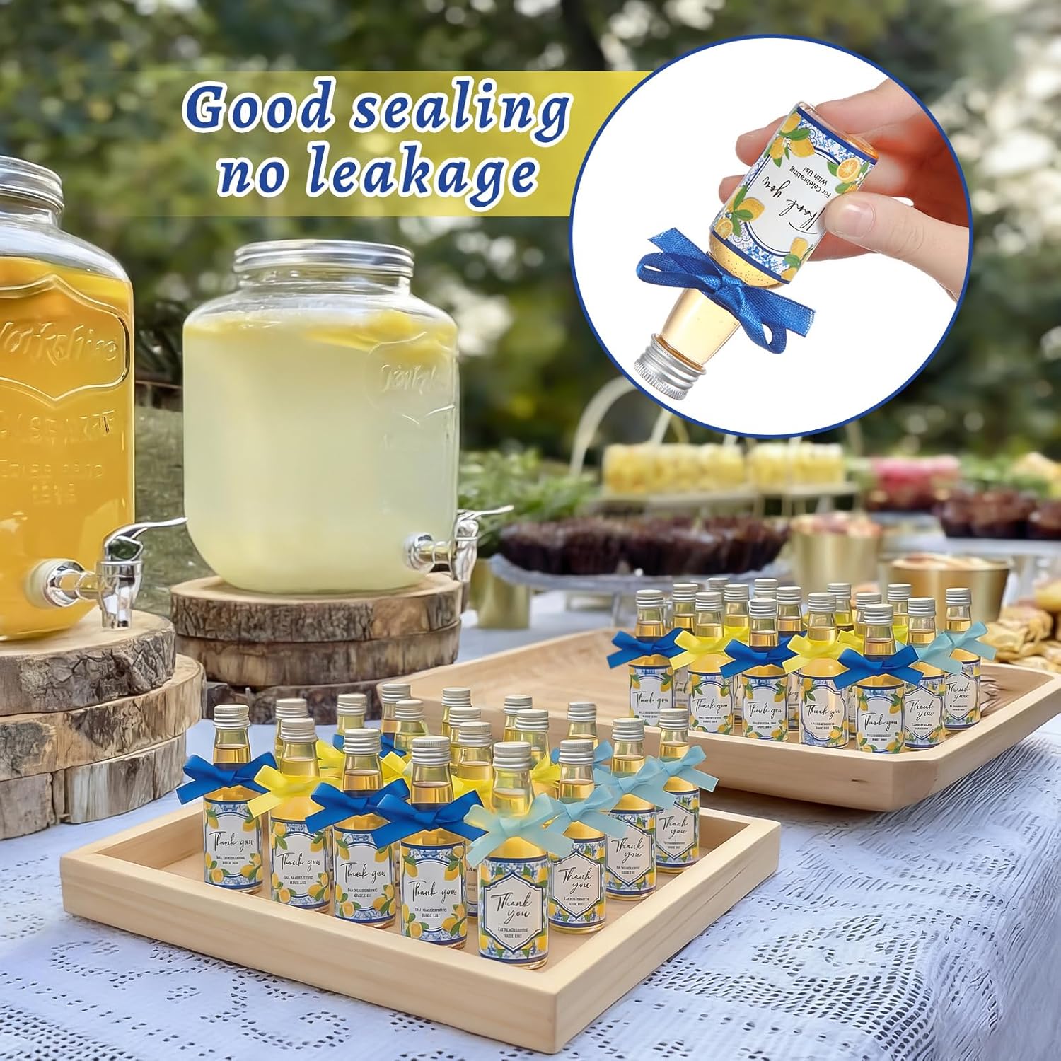 Suclain 50 Set Limoncello Bottle 2 oz Mini Liquor Bottles with Italian Lemon Sticker Blue Yellow Ribbon and Funnel for Amalfi Coast Mediterranean Wedding Bridal Shower Supply(Thank You Style)