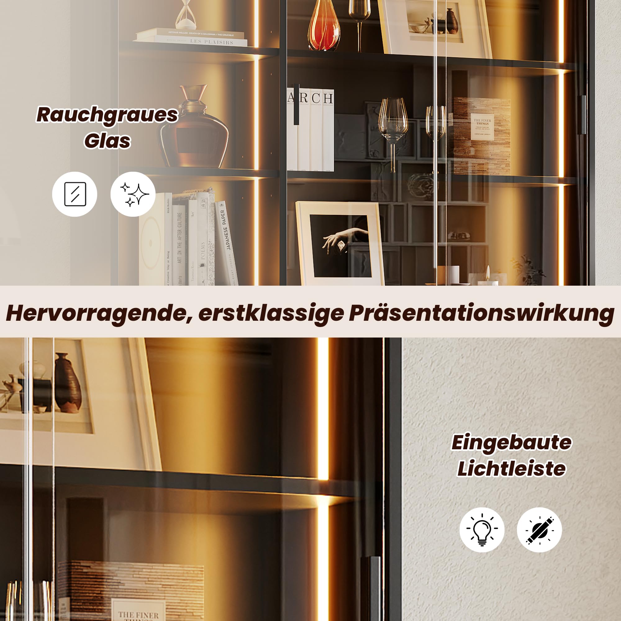 Kebnor Vitrina de 120 x 28,5 x 180 cm con iluminación LED, vitrina de cristal con puertas correderas de vidrio templado, 3 cajones, estante plegable, armario expositor para salón, oficina y comedor