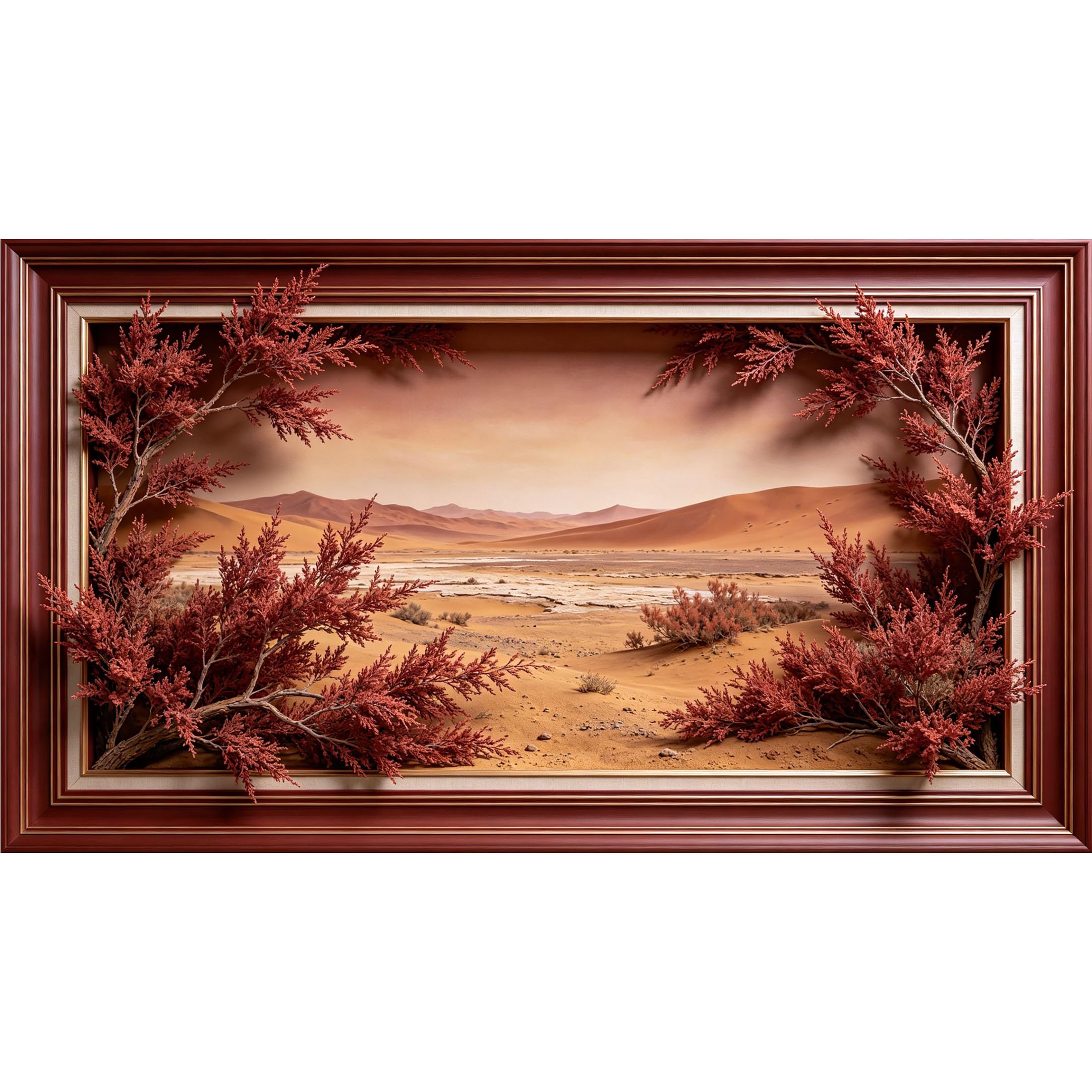QZLITHOTIC 50×90cm3D Framed Wall Art， Desert Landscape Red Botanical SelfActivated Mural， Water?Activated Peel & Stick Fabric Decor Wall Decal for Bedroom Living Room