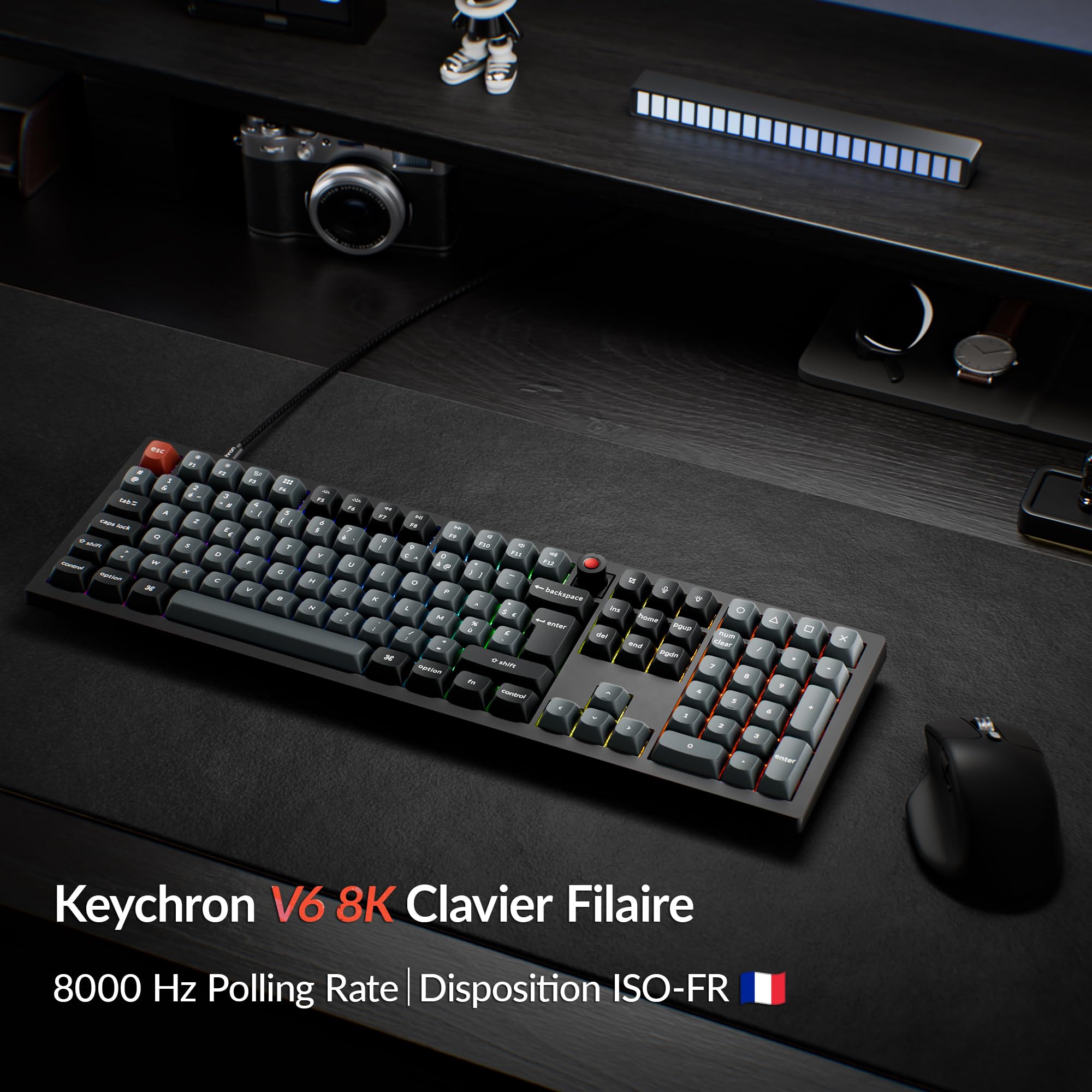 Keychron V6 8K Clavier Mécanique Filaire avec Knob, ISO-FR Layout, 8000 Hz Polling Rate, Programmable QMK, Touches OSA PBT, Interrupteur Marron, Rétroéclairage RGB, Compatible Mac, Windows et Linux