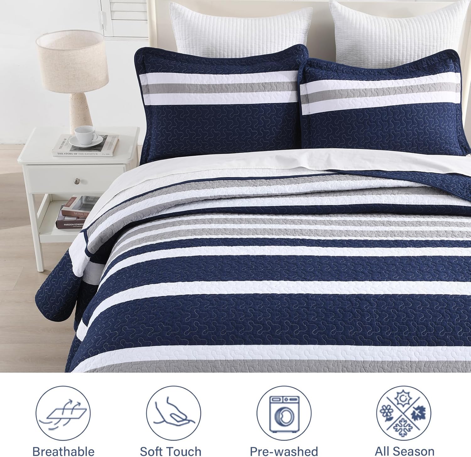Finlonte Navy Oversized Queen Bedspread 102"x120" - 3 Pieces 100% Cotton Stripe Bedspread Coverlet Set, Lightweight Quilted Bed Spread, Modern Oversized Queen Quilt with 2 Pillowshams, Navy/Gray/White - Image 6