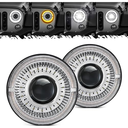 Partsam 7 inch Round LED Headlights-DOT Approved Replacement for Wrangler/JK/TJ/CJ, with Start-up Gradient Halo DRL Turn Signal, Anti-glare High/Low Beam, H6024, Chrome Silver