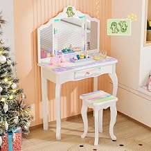 JOYMOR Luminous Unicorn Kids Vanity, 2-in-1 Toddler Vanity, w/Tri-Fold Mirror, 1 Drawer, Kids Vanity Table and Chair Set for Girls, Perfect Birthday