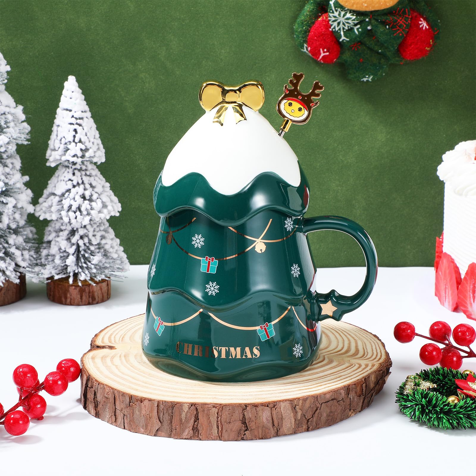 Taza de Cerámica Forma de Árbol de Navidad, Capacidad 500ml, Incluye Tapa y Cuchara, Adecuado para Café y Té en Hogar o Cafetería