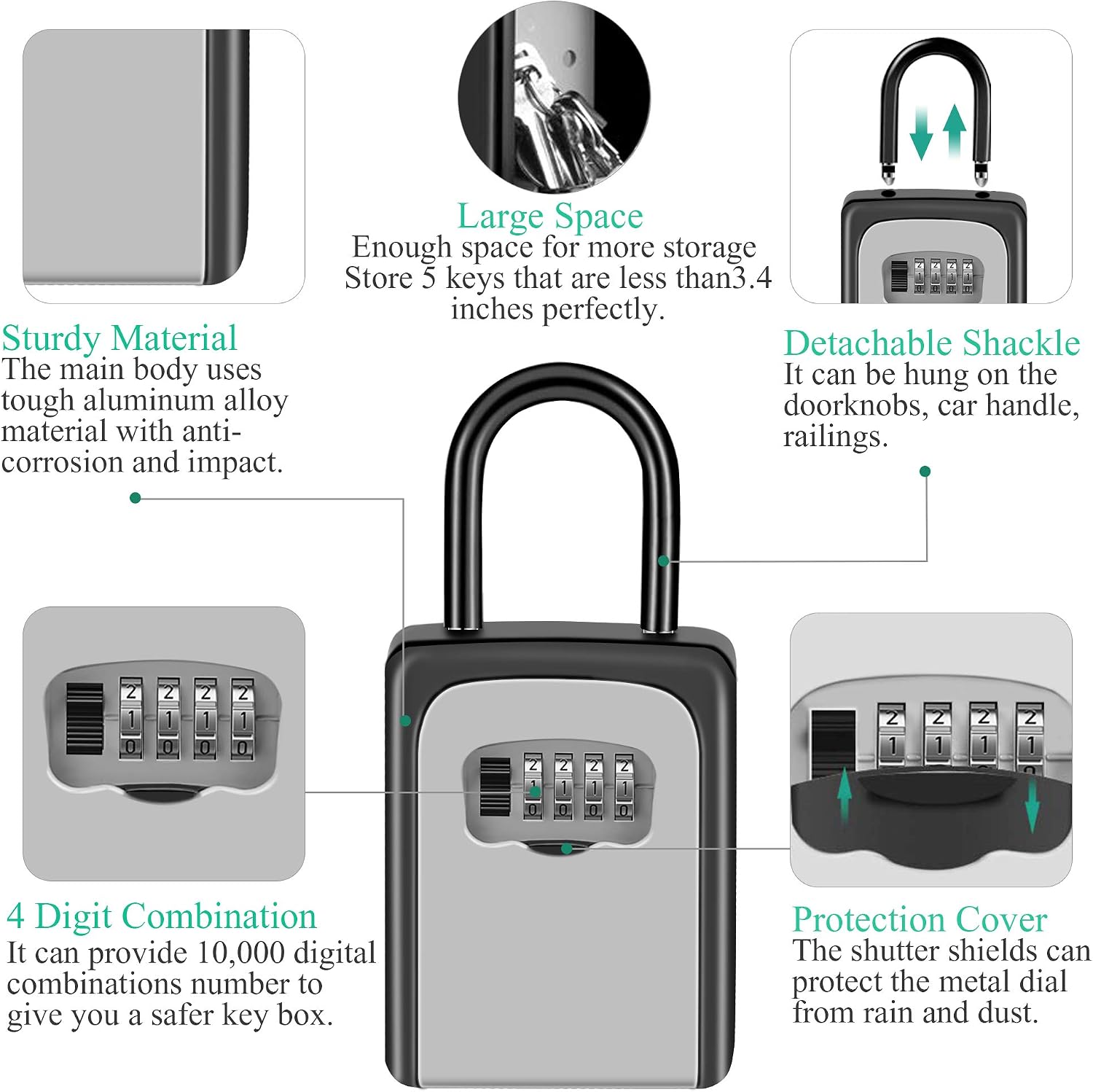 Key Storage Lock Box, Key Lock Box with Code - 4 Digit Combination Resettable Key Lock Box for Door Knob and Outside Wall Mount