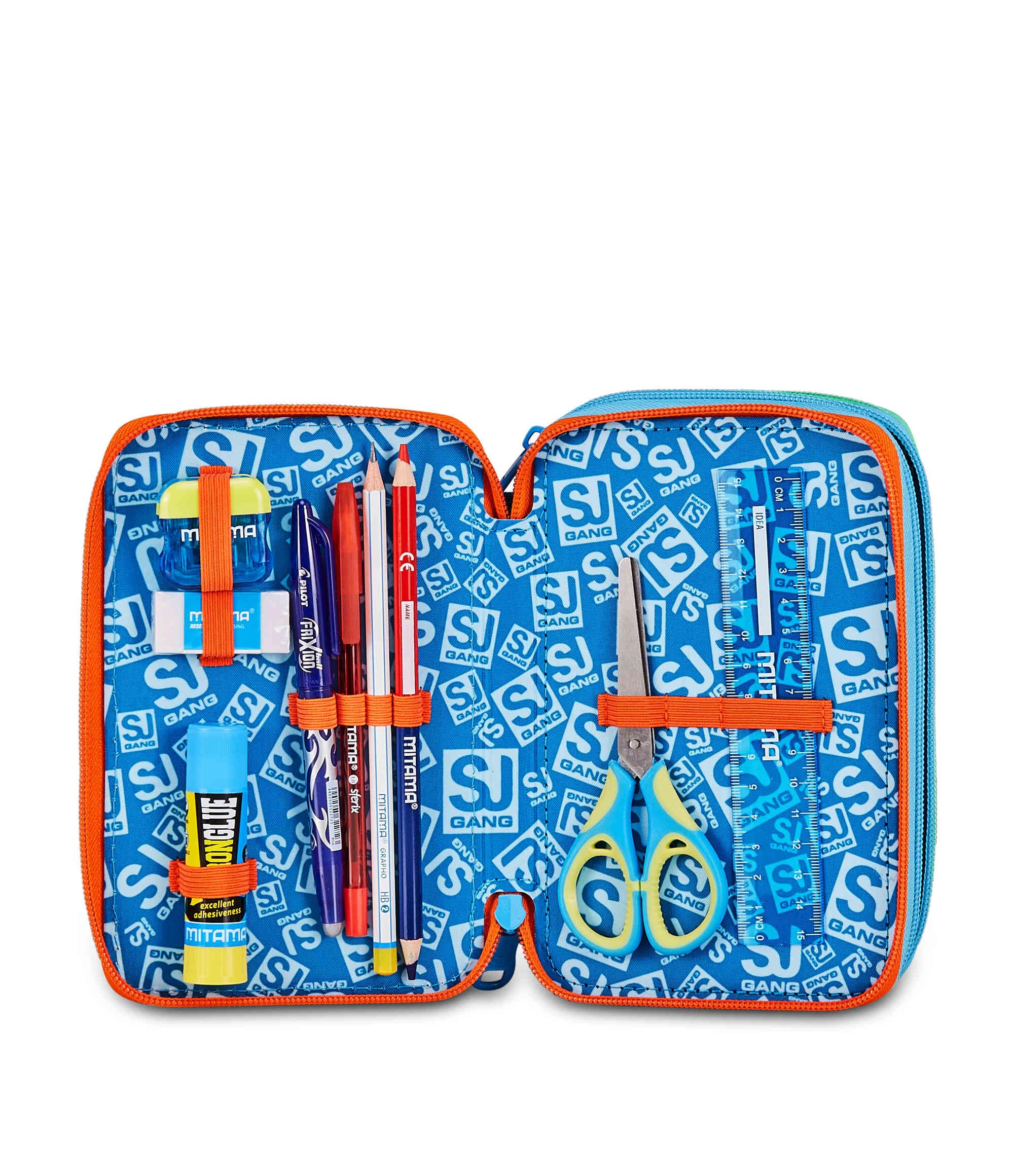 SJ GANG STYLE JAM GANG Astuccio Scuola 3 Zip 3D SPACE RIDE, Blu, Triplo Scomparto, Scocca con astronauta in rilievo, Portapenne Attrezzato, 45 pezzi, Accessori Zaino, Scuola elementare, Bambino