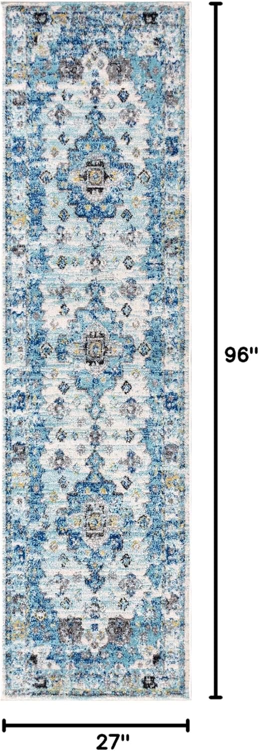 JONATHAN Y Modern Boho Vintage Medallion Cream/Blue Runner Rug, 2x8, Bohemian, Traditional, Easy-Cleaning for Living Room, Bedroom, Kitchen, Pet Friendly, Non-Shedding (MDP202A-28)