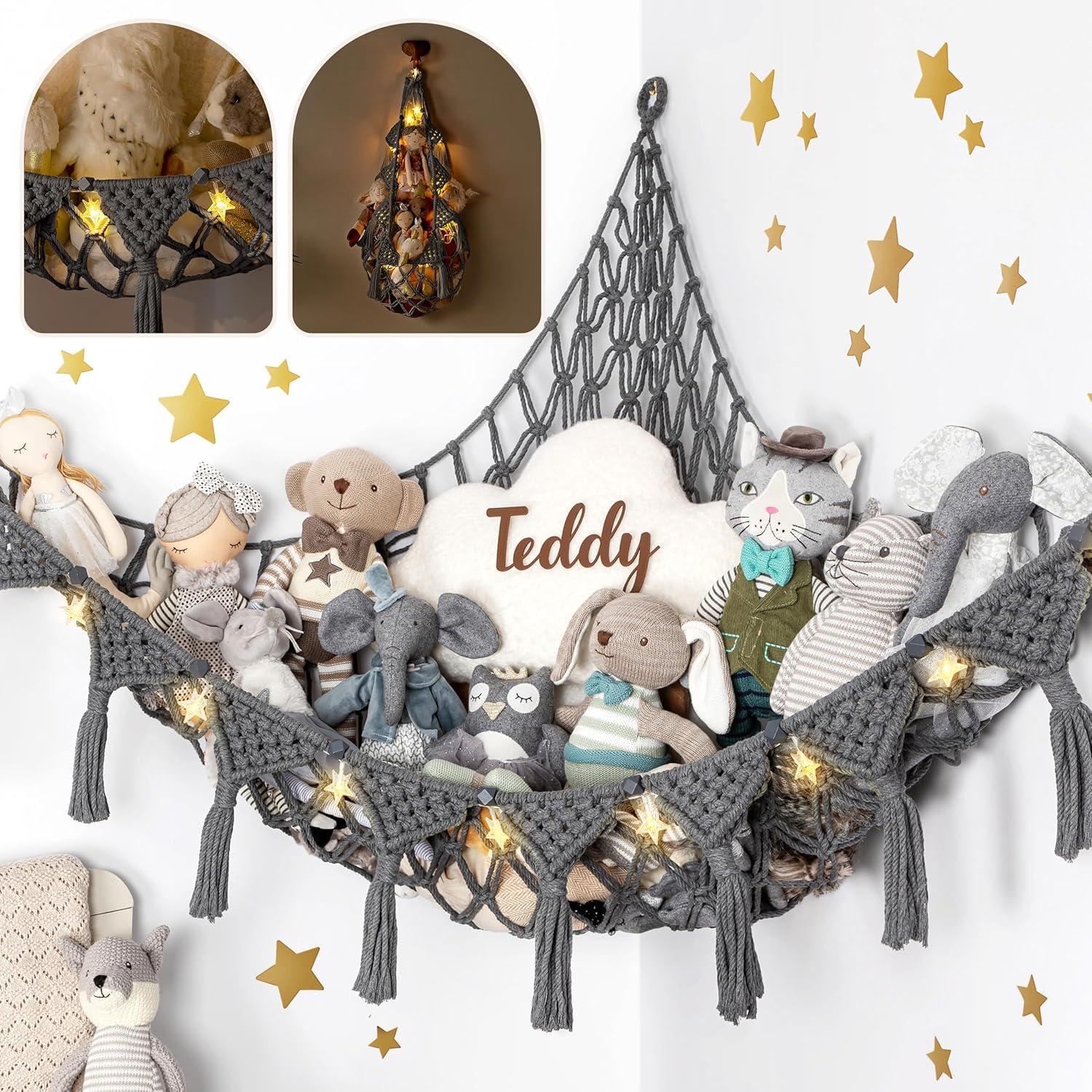 TIDYTEDS Macrame DreamLights Boho siatka do przechowywania wypchanych zwierząt (bardzo duża) i wypchanych zwierząt lub hamak dla małych wypchanych zwierząt lub pluszaków