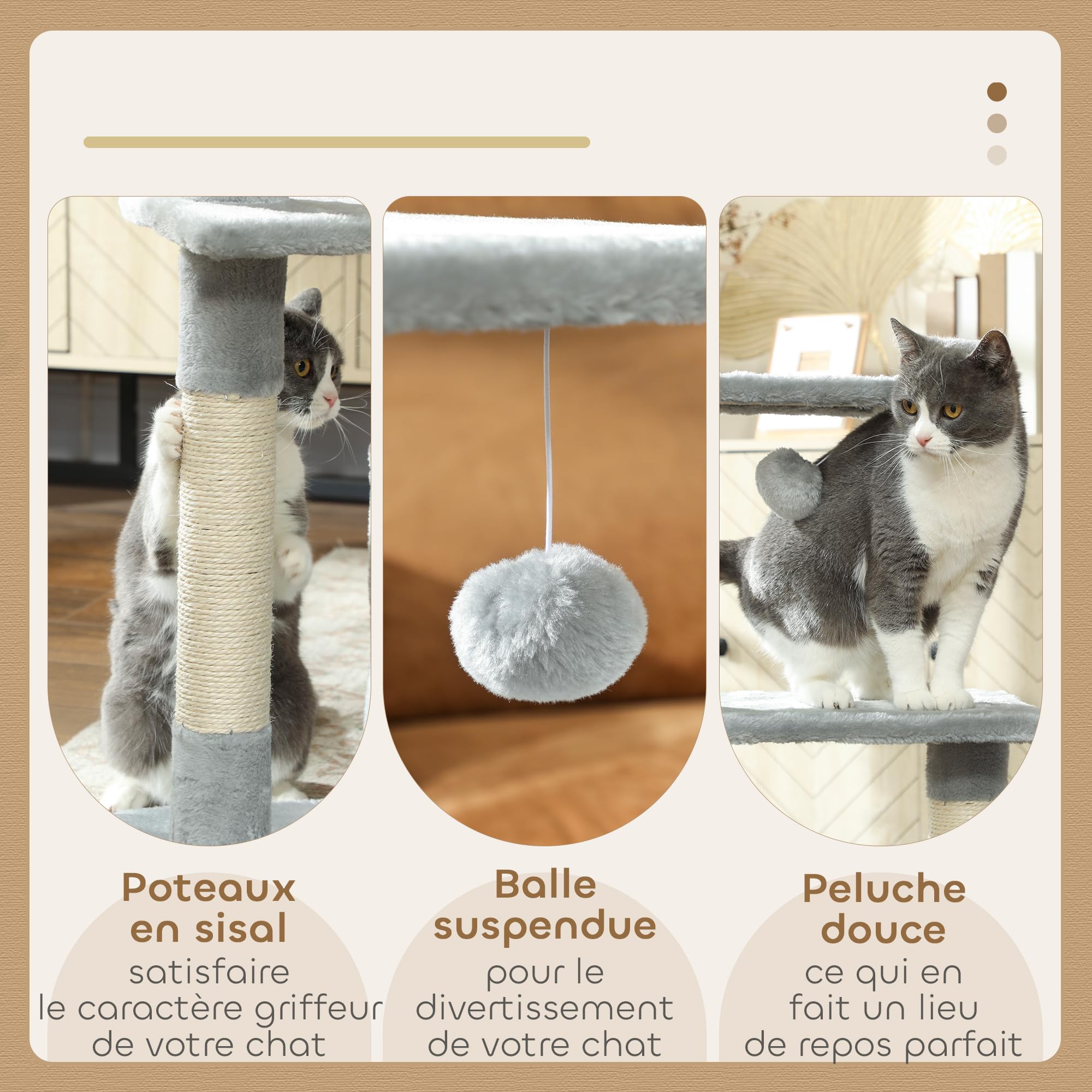 PawHut Arbre à Chat Hauteur 81,5 cm Tour de Jeux pour Chats avec poteaux en sisal, 2 Plates-Formes, Niche, Balle, Tissu Peluche, griffoir Multi-Niveaux idéal pour Chat 4,5 kg, Gris foncé