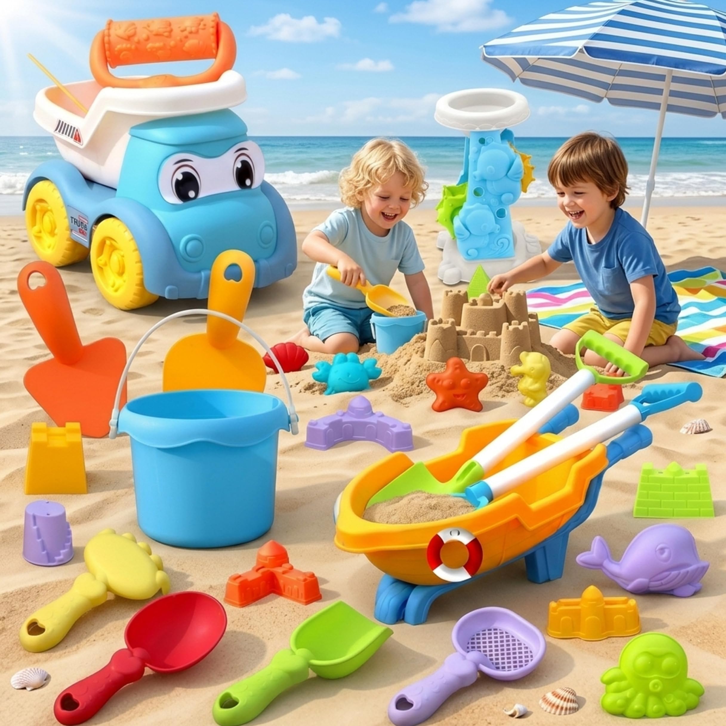 Sandstrandspielzeug, Sandspielzeug für Kinder, 30-teiliges Kinder-Strandset – Schaufel, Wagen, Eimer und Formen für Wasser- und Schneespiele, bunt
