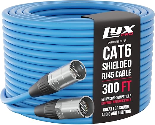 LyxPro 300 Feet Shielded CAT6 Ethercon Cable - Professional Audio & Lighting RJ45 Cable, Studio-Grade Sound Transmission, Extreme Durability - Blue