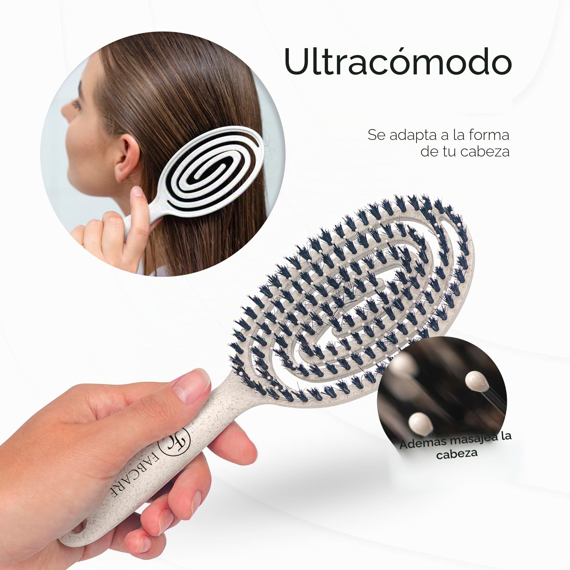 FABCARE Cepillo Cerdas Jabalí, Desenredante Sin Tirones, Peine Antitirones, Pelo Liso y Rizado, Alisador Antirotura Profesional, Ideal para Cuidado Capilar y Estilo Natural (Beige)