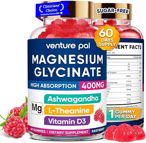 60 Day Supply - Gomitas de glicinato de magnesio de 400 mg con Ashwagandha, L-teanina, CoQ10, vitamina D3 y B6, gomitas de magnesio sin azúcar para
