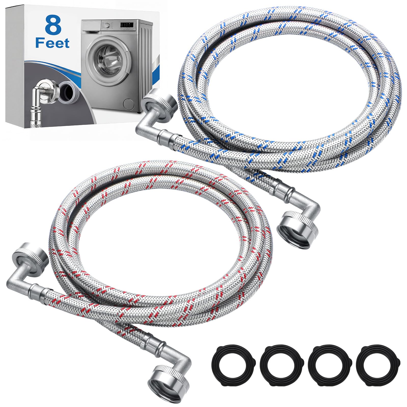 Otoolling 2 Pack 8ft Stainless Steel Washing Machine Hose with Double 90 Degree Elbow for Tight Spaces Proof Hot and Cold Water Supply Hoses 3/4" FHT Connectors for Wash Machines