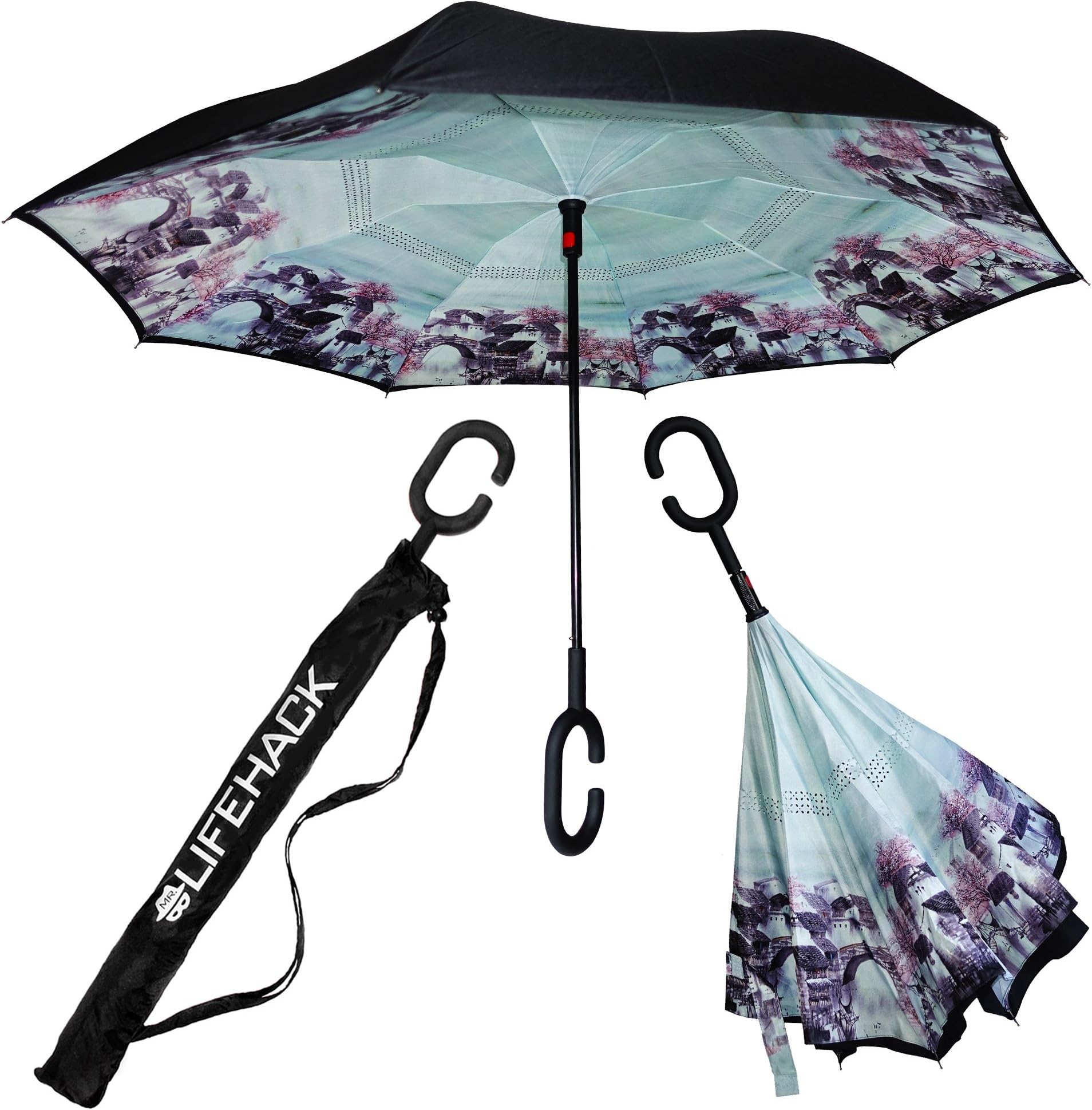 Inverted Umbrella Reverse Folding Inside Out Umbrella - Keeps Your Clothes, Car, and Home Dry - 100% Windproof Double Layer - with Automatic Open & Hands Free Handle