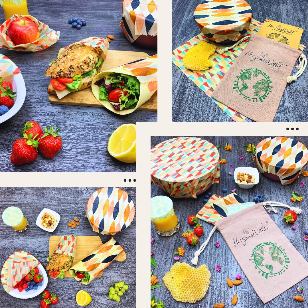 Bienenwachstücher 7er Set inkl. Bio Baumwollbeutel zur Aufbewahrung + Bienenwachsblock | Bio Bienenwachs Wachspapier | Zero Waste Wachstuch für Lebensmittel | Bees Wrap Bienenwachs