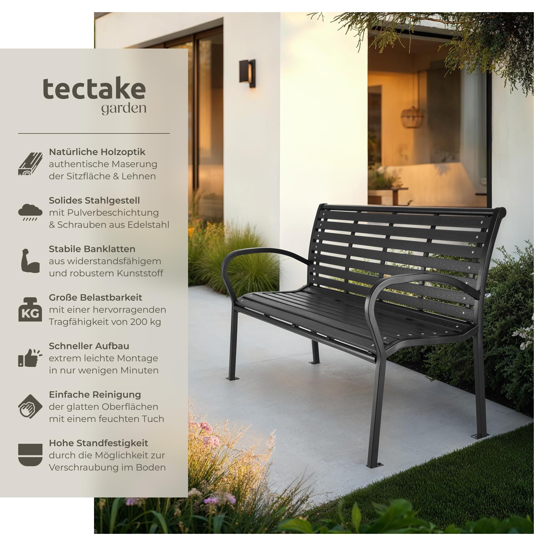 tectake® 3-Sitzer Gartenbank, Premium Garten Möbel Bank, Sitzbank wetterfest, bis 200 kg belastbar, 126 x 62 x 81,5 cm, Wintergarten Möbel, als Balkonbank, Holzbank Garten, Gartenmöbel Bänke