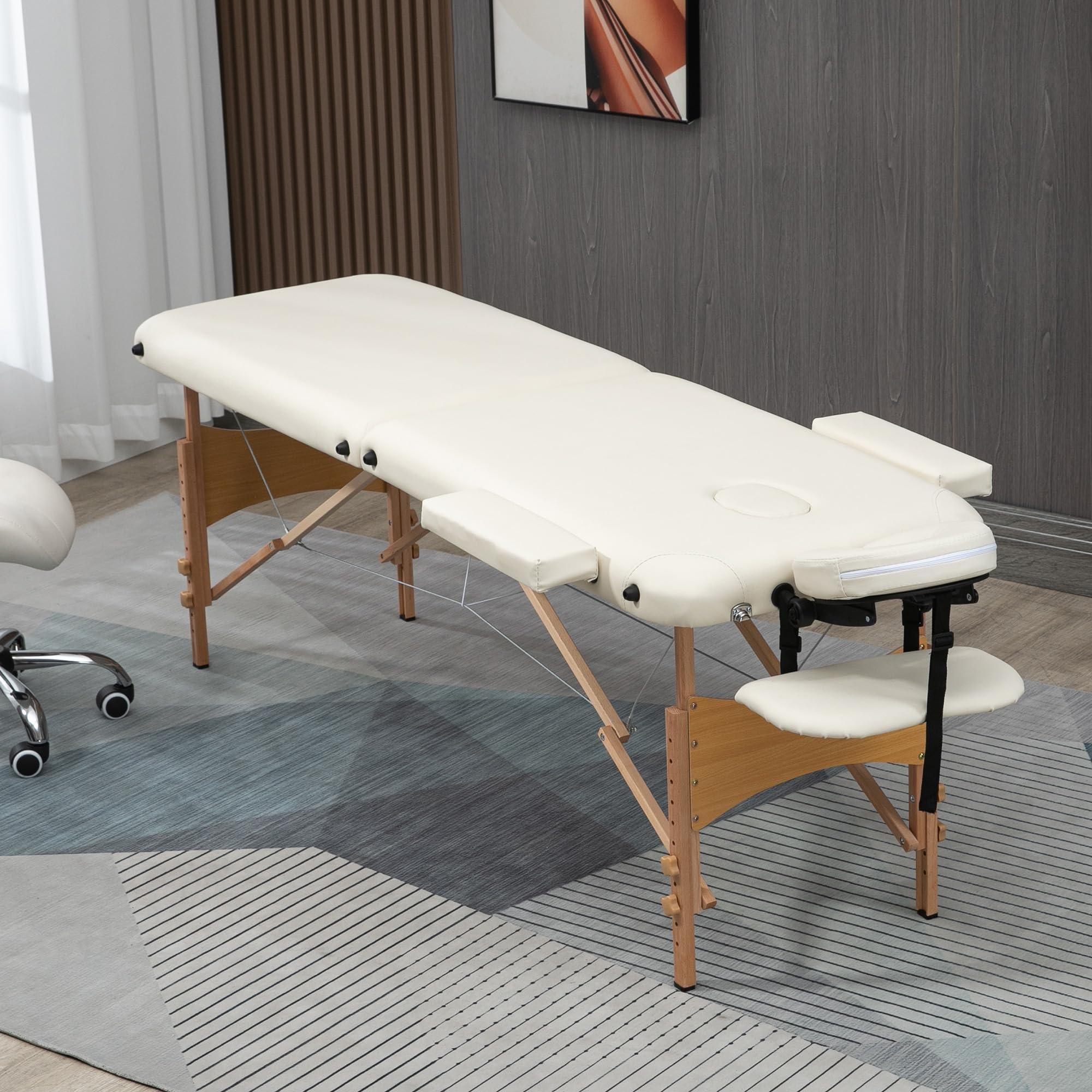 HOMCOM Lit/Table de Massage cosmetique Pliable en Bois 2 Zones crème
