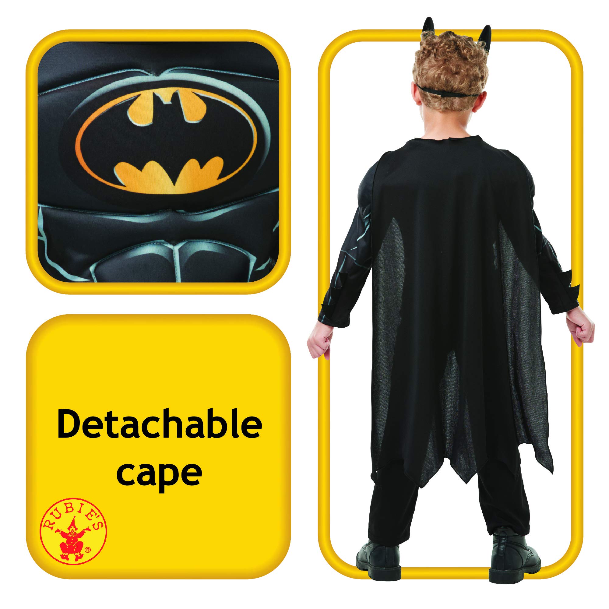 Rubies Offizielles Batman Black Deluxe-Kostüm für Kinder – Muskelanzug mit Maske & Umhang für Rollenspiele