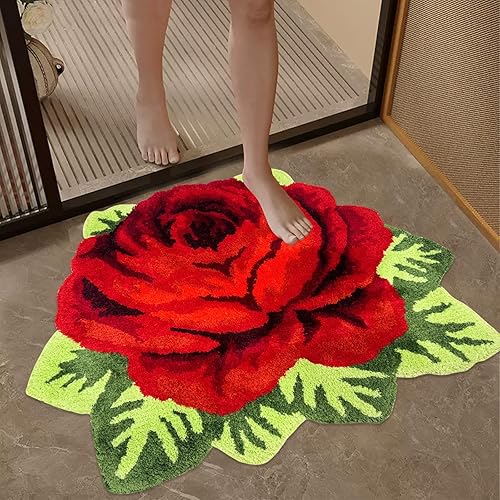 Miniatura 3 de Alfombras de baño rojas, gruesas y lavables, alfombra de baño con forma de rosa, alfombra de decoración de dormitorio para niñas, alfombra para