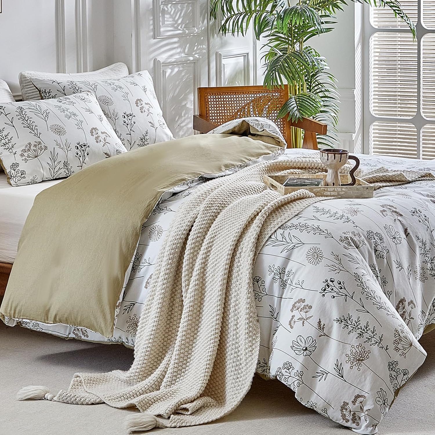 Lekesky Cotton Duvet Cover Queen Size - 100% Cotton Reversible Floral Duvet Cover Set with Zipper, 3 Pieces Soft & Breathable White Bedding Set Queen Comforter Cover (Queen, 90"x90")