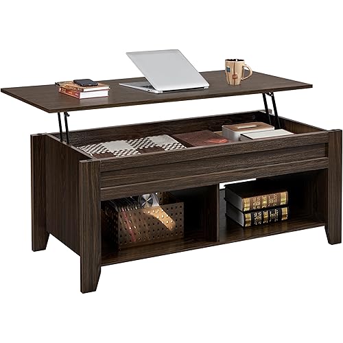 Yaheetech Lift Top Coffee Table with Hidden Storage Compartment & 2 Open Shelves, Rising Tabletop Pop Up Center Table for Living Room Reception Room, 47.5'' L, Espresso