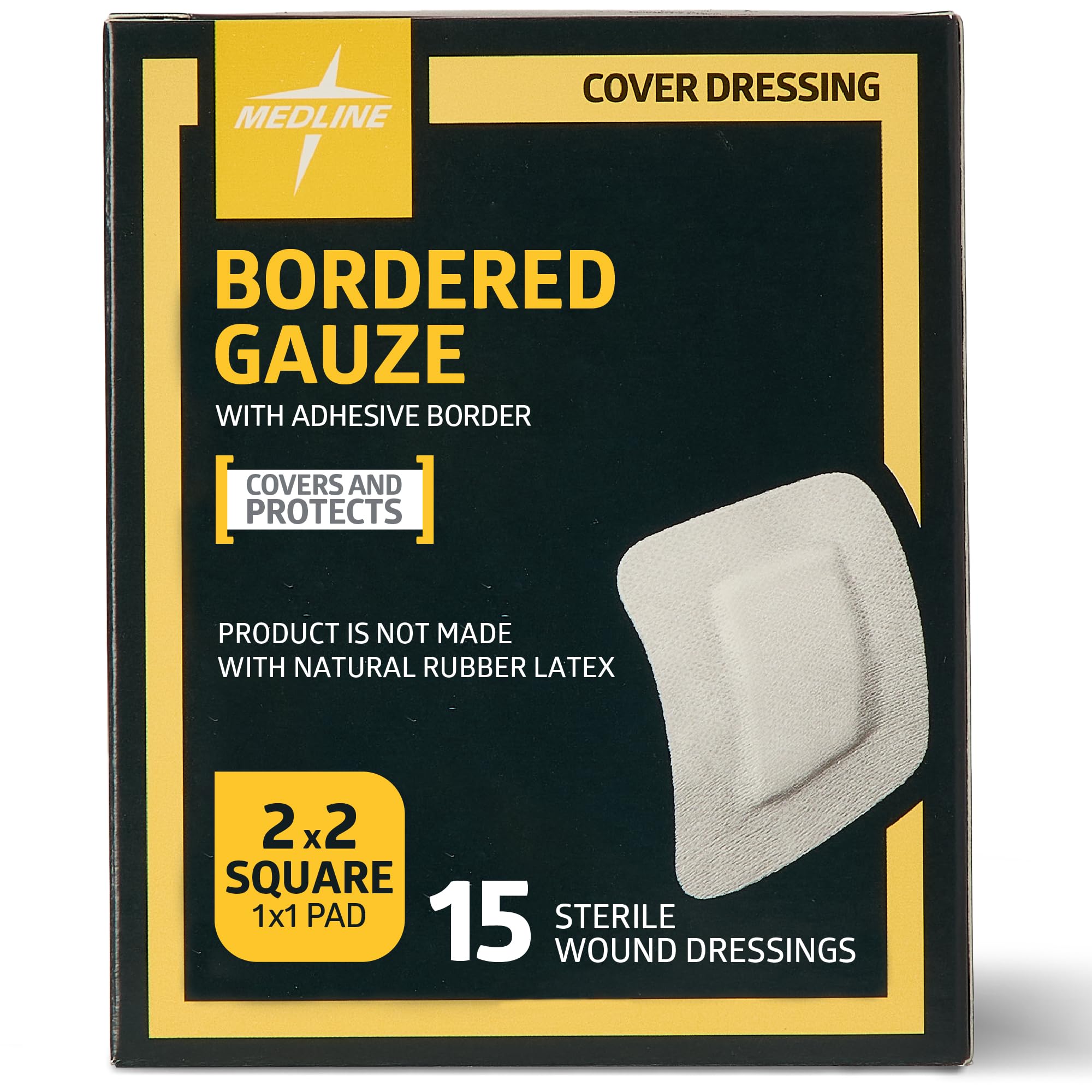 Medline Bordered Gauze, 2" x 2", Adhesive Island Wound Dressing, Sterile, Soft Nonwoven Backing, Water-Resistant Adhesive Wound Cover for First Aid & Post-Surgical Care, 15 Count