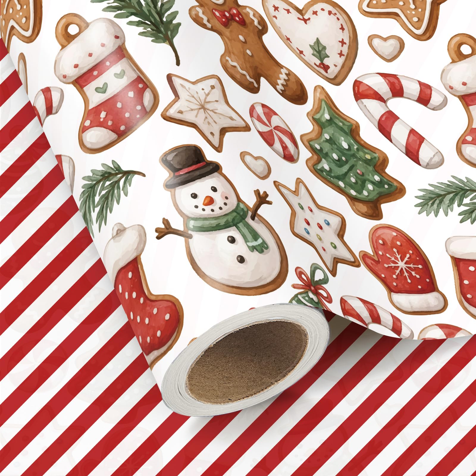 RUSPEPA Reversible Christmas Cookie Wrapping Paper - 43.2cm x 5m - Striped Gift Wrap for Xmas Holiday, Kids Presents, Sweet Treat Party — image 1
