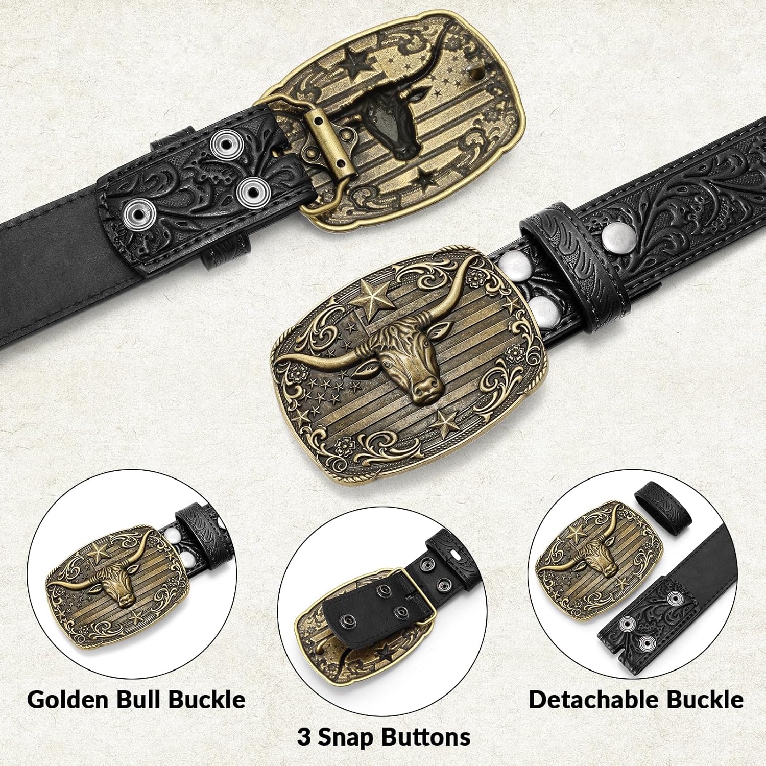Cowboy Western Belts for Men Women, Mens Western Cowboy Belt Embossed Belt Bull Buckle for Jeans Gifts Christmas - Image 3
