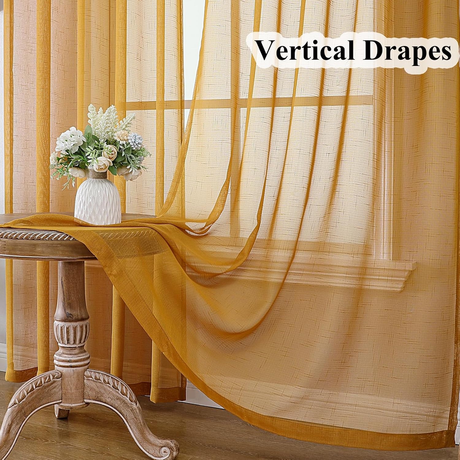 Mustard Gold Sheer Curtains 108 Inches Long 2 Panels, Textured Linen Look Pinch Pleated Curtains & Drapes, Vintage Yellow Light Filtering Sliding Glass Door Window Floor to Ceiling Curtain