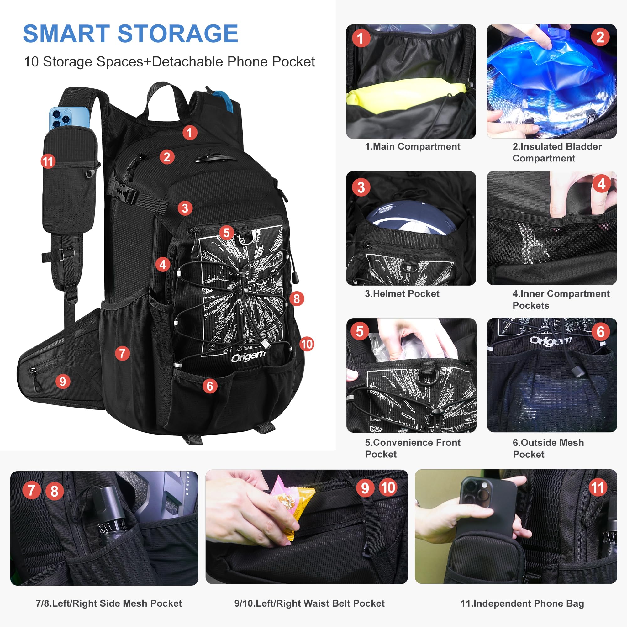 Origem Zaino Idrico da 22L con Sacca iIdrica 3L e Copertura Antipioggia, Zaino da Trekking Resistente all'acqua con Porta Casco, Tasca per Cellulare e 10 Scomparti Ideale per Ciclismo Trekking e Corsa