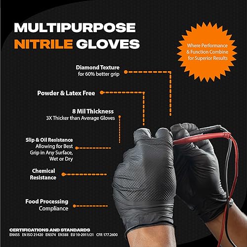 Miniatura 4 de Herkules Grip - Guantes de nitrilo negro resistentes de 8 mil, textura de diamante elevado 3D, látex y sin polvo, industrial, mecánico