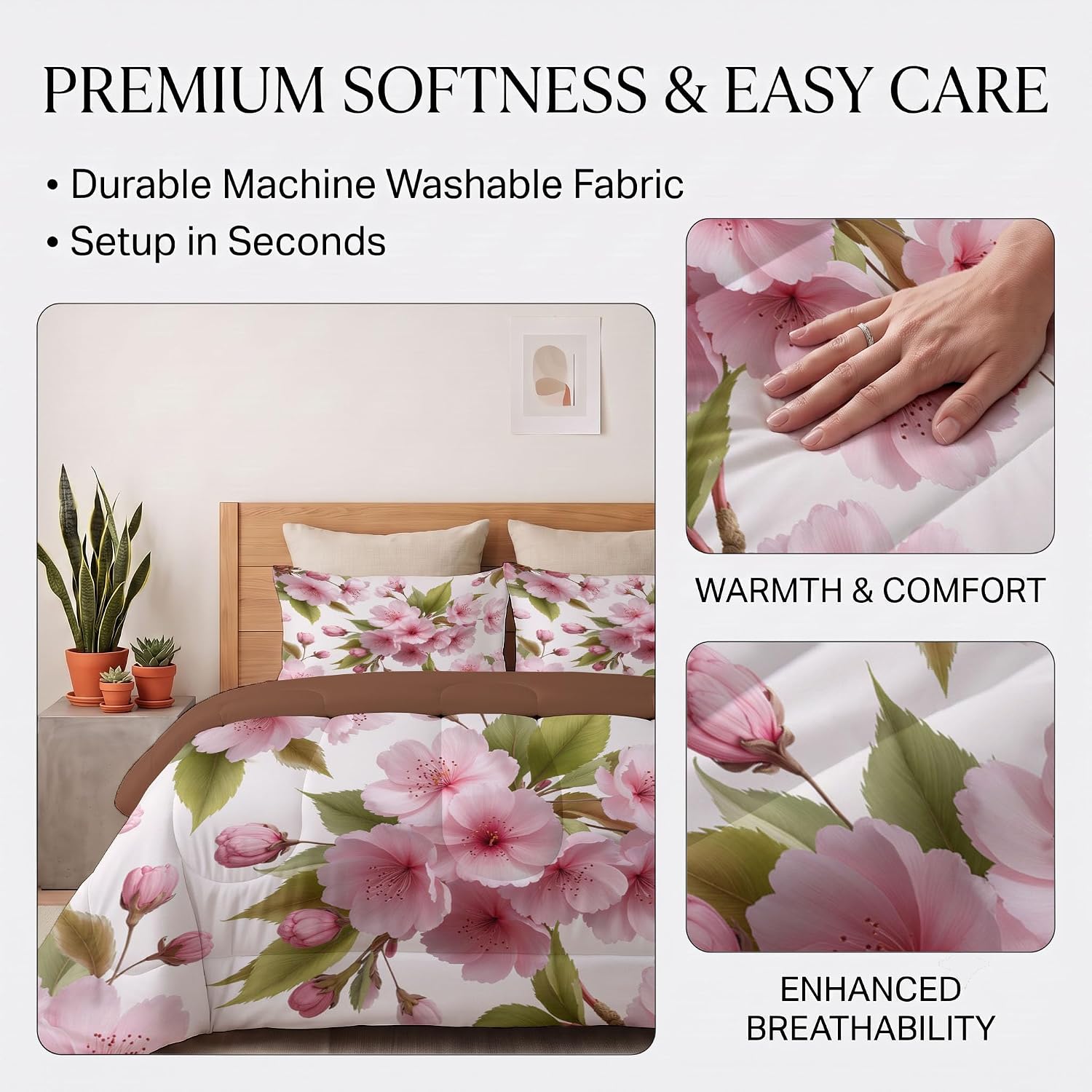 Spring Flowers Comforter Set Queen Size, Cherry Blossom Branches and Leaves Bedding Set for Girls Boys, Pink Quilt Bed 90"X90" Bedding Comforter Sets with 2 Pillowcase Room Decor