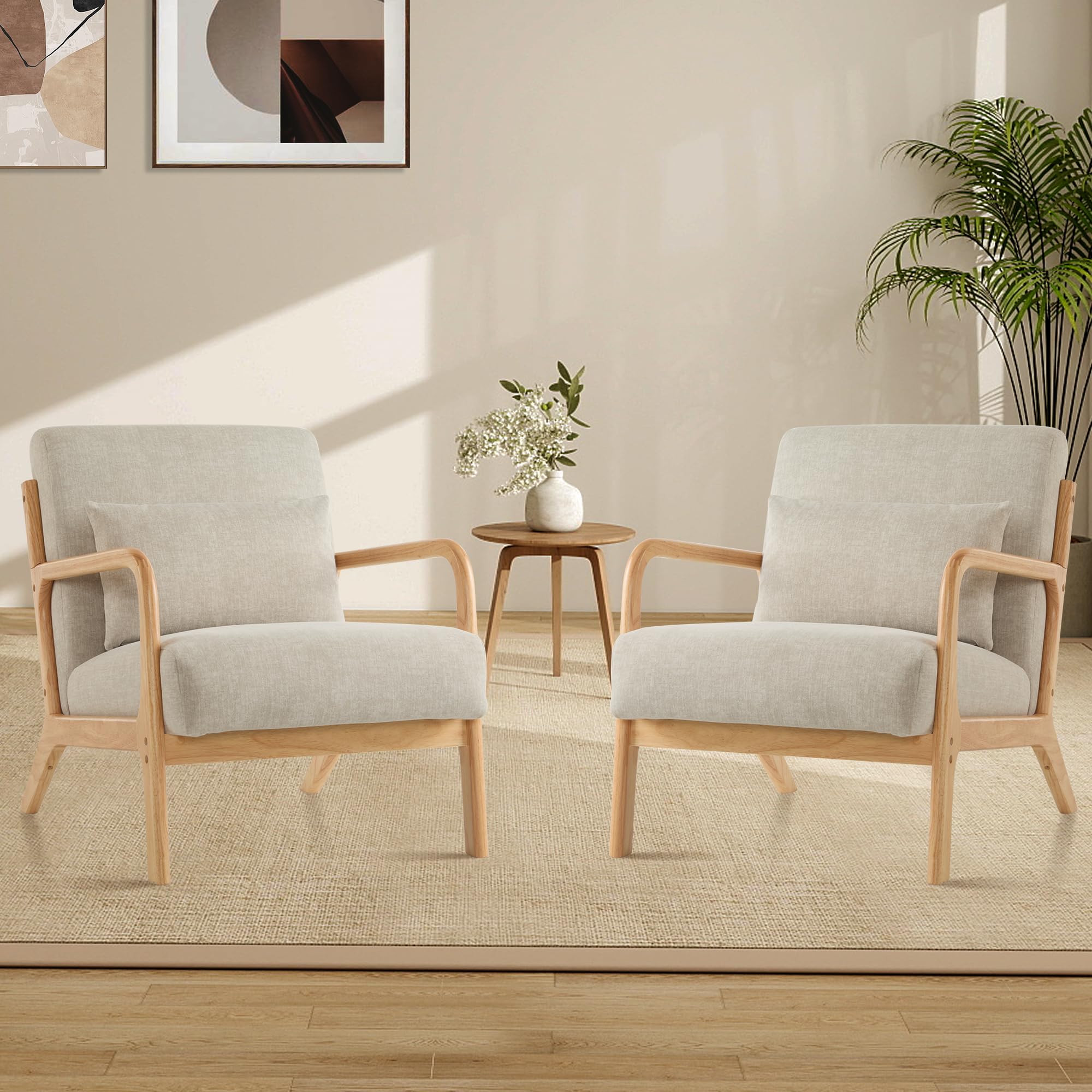 Aunekiv Midcentury Modern Accent Chair Living Room Armchair with Pillow, Upholstered Comfy Reading Chair with Solid Wood Frame for Small Spaces Bedroom Apartment Balcony, Lightgrey-Set of 2