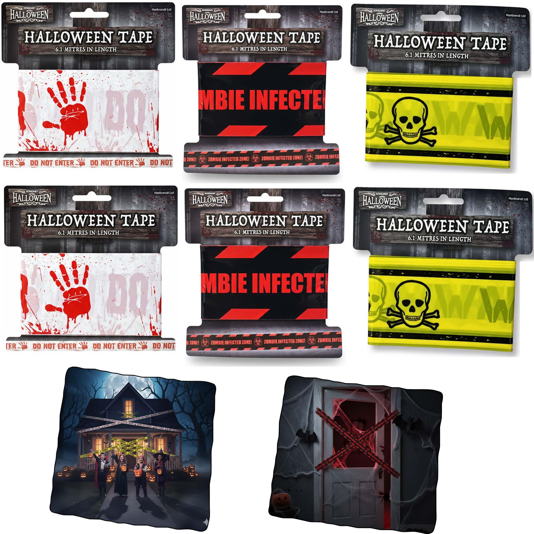 6Pcs Halloween Caution Tape 6.1Mx7cm, Bold WARNING, ZOMBIE INFECTED ZONE, DO NOT ENTER Designs, Reusable Barricade Banner for Horror Party, Haunted House & Outdoor Décor