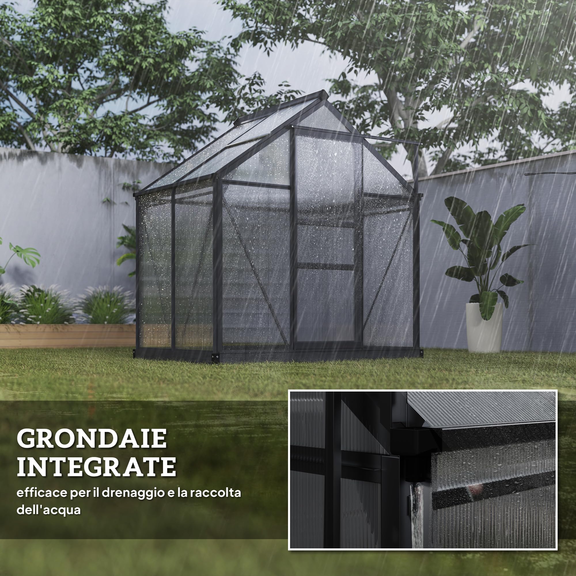 Outsunny Serra da Giardino in Policarbonato con Telaio in Lega di Alluminio 2.51㎡, Serra per Orto con Grondaie, Finestra a Tetto per Ventilazione, Porta Scorrevole, per Piante, 190x132x201cm, Grigio