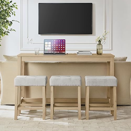 Miniatura 6 de Juego de mesa de bar de 59 pulgadas con toma de corriente, mesa de desayuno industrial de 4 piezas con 3 taburetes tapizados para sala de estar,